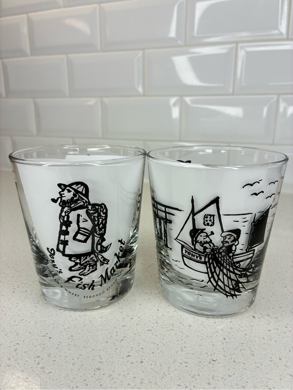 (2) 4" TONY'S FISH MARKET - REDONDO BEACH, CA - TUMBLER ROCKS COCKTAIL GLASSES